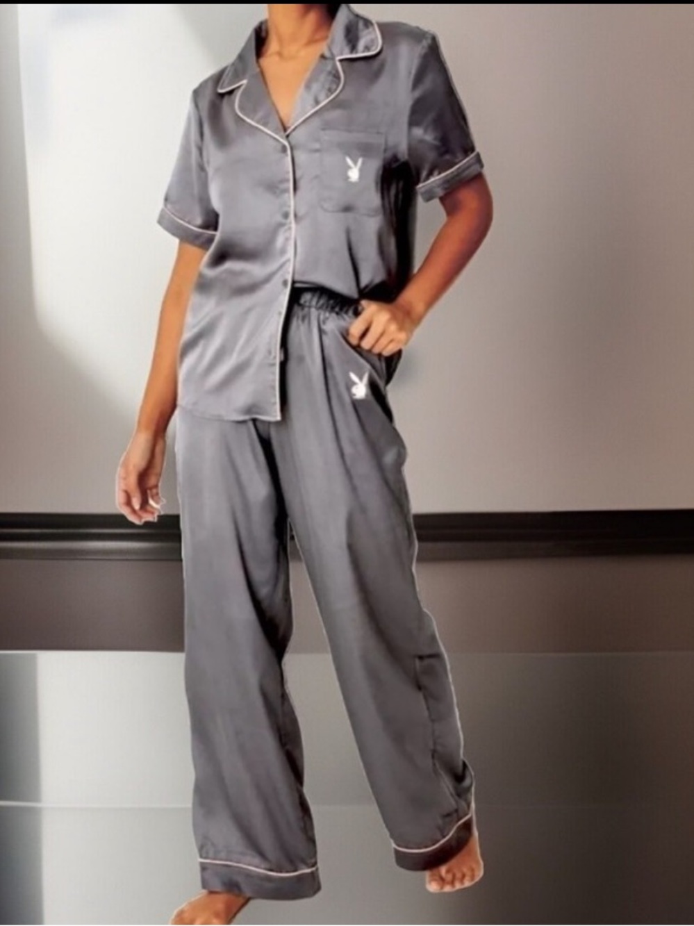 PLAYBOY Pajamas Grey Button Down Shirt & Bottoms W/🐰 Logo Embroid 2Pc Outfit